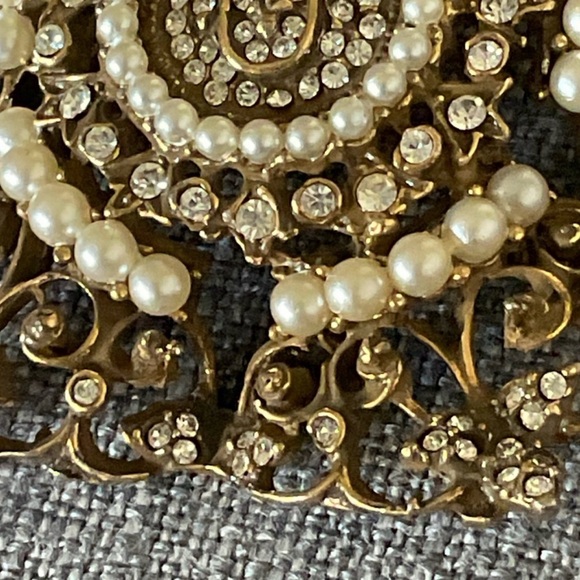 Vintage De Nicola Pin Brooch Faux Pearls Rhinestones Star Filigree Gold Tone - Picture 4 of 7